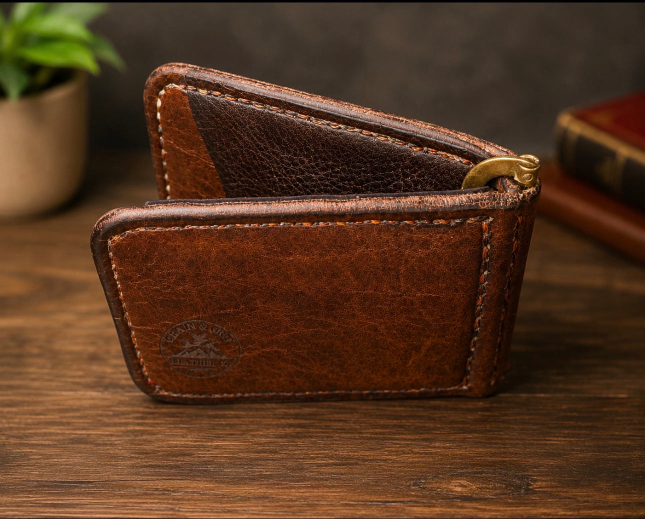 Handcrafted Full Grain Leather Money Clip Wallet – Rustic Bifold Minimalist Wallet | Grain & Grit Leather Co.