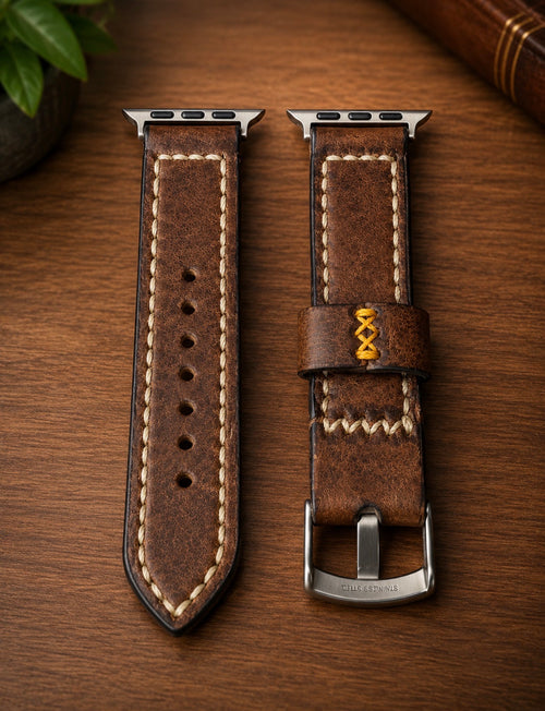 Handcrafted Full Grain Leather Apple Watch Band – Rustic Vintage Style | Saddle Stitched | Grain & Grit Leather Co.