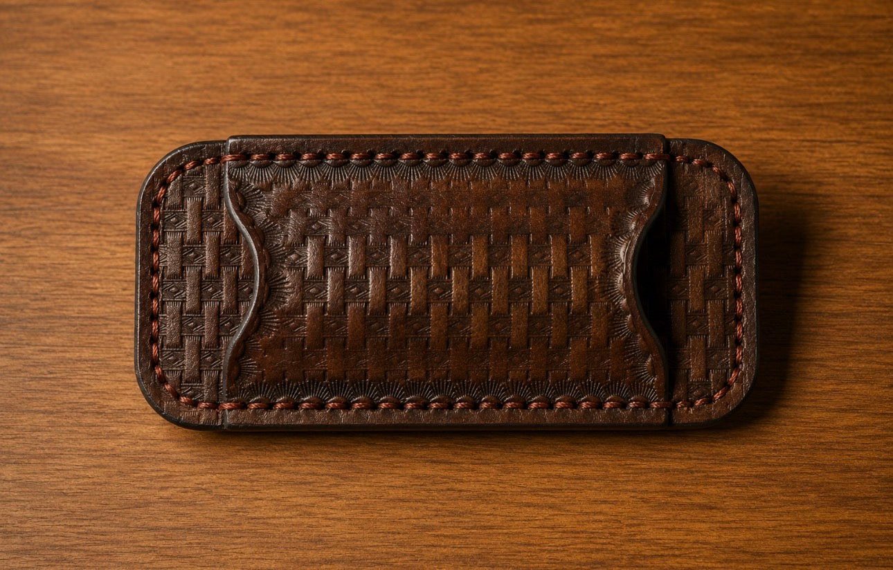 Handcrafted Leather Backpacker’s Knife Sheath – Basketweave EDC Belt Slip | Rustic Full Grain Leather | Grain & Grit Leather Co.