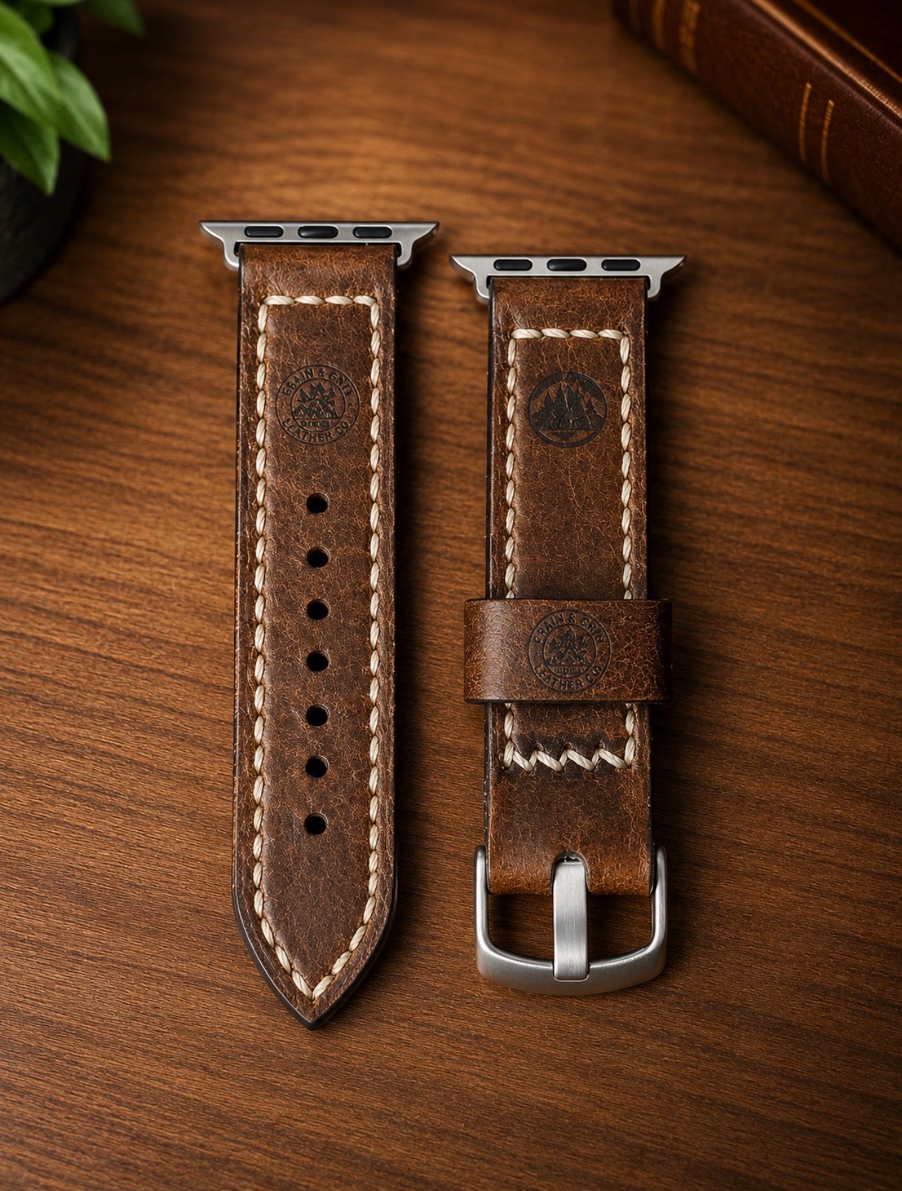 Handcrafted Full Grain Leather Apple Watch Band – Rustic Vintage Style | Saddle Stitched | Grain & Grit Leather Co.
